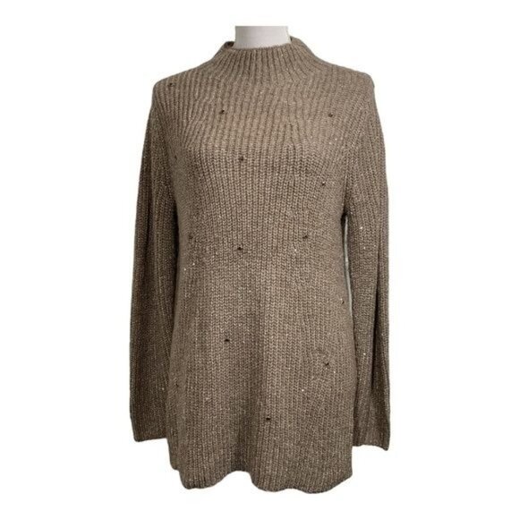 Chico’s Size 1 (M) Brown Chunky Knit Mock Neck Sequin Sweater ✨ Cozy Fall - Picture 1 of 9